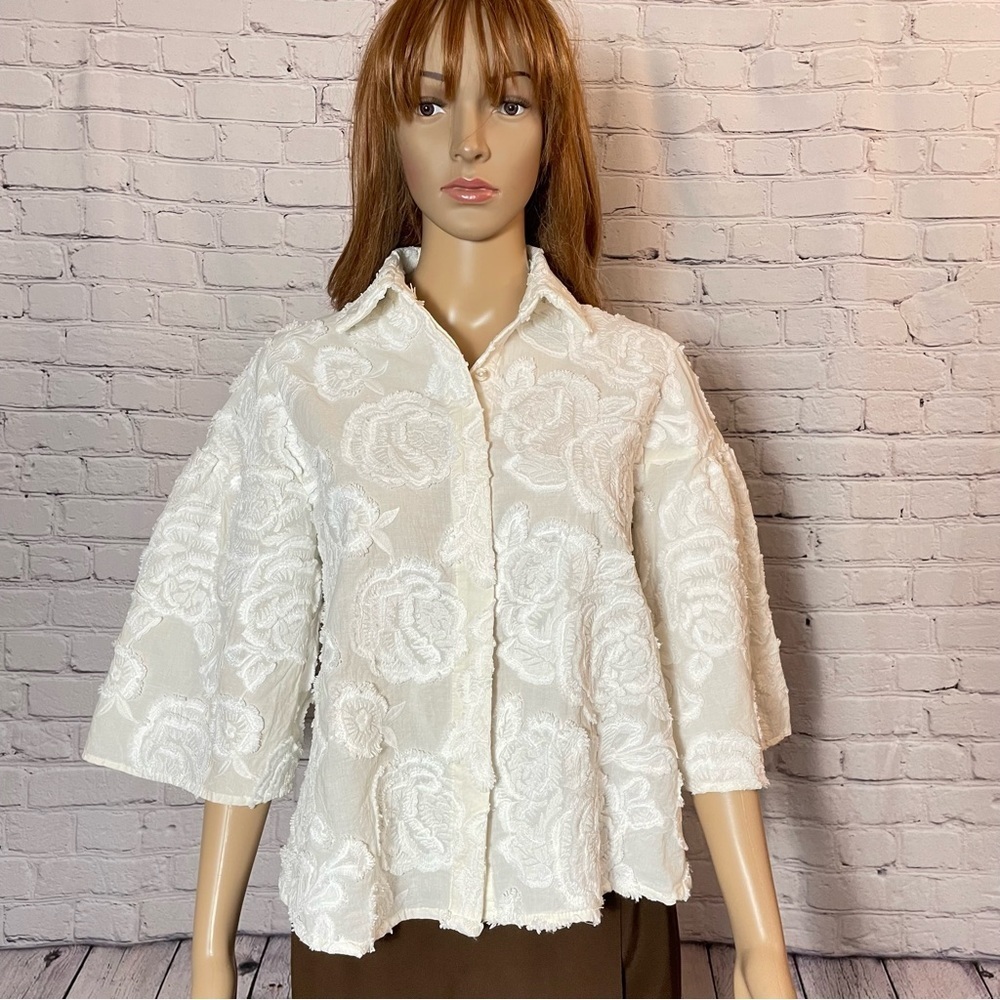 Current Air Floral Embroidered Cotton 3/4 Bell Sleeve Ivory Jacket Size XS